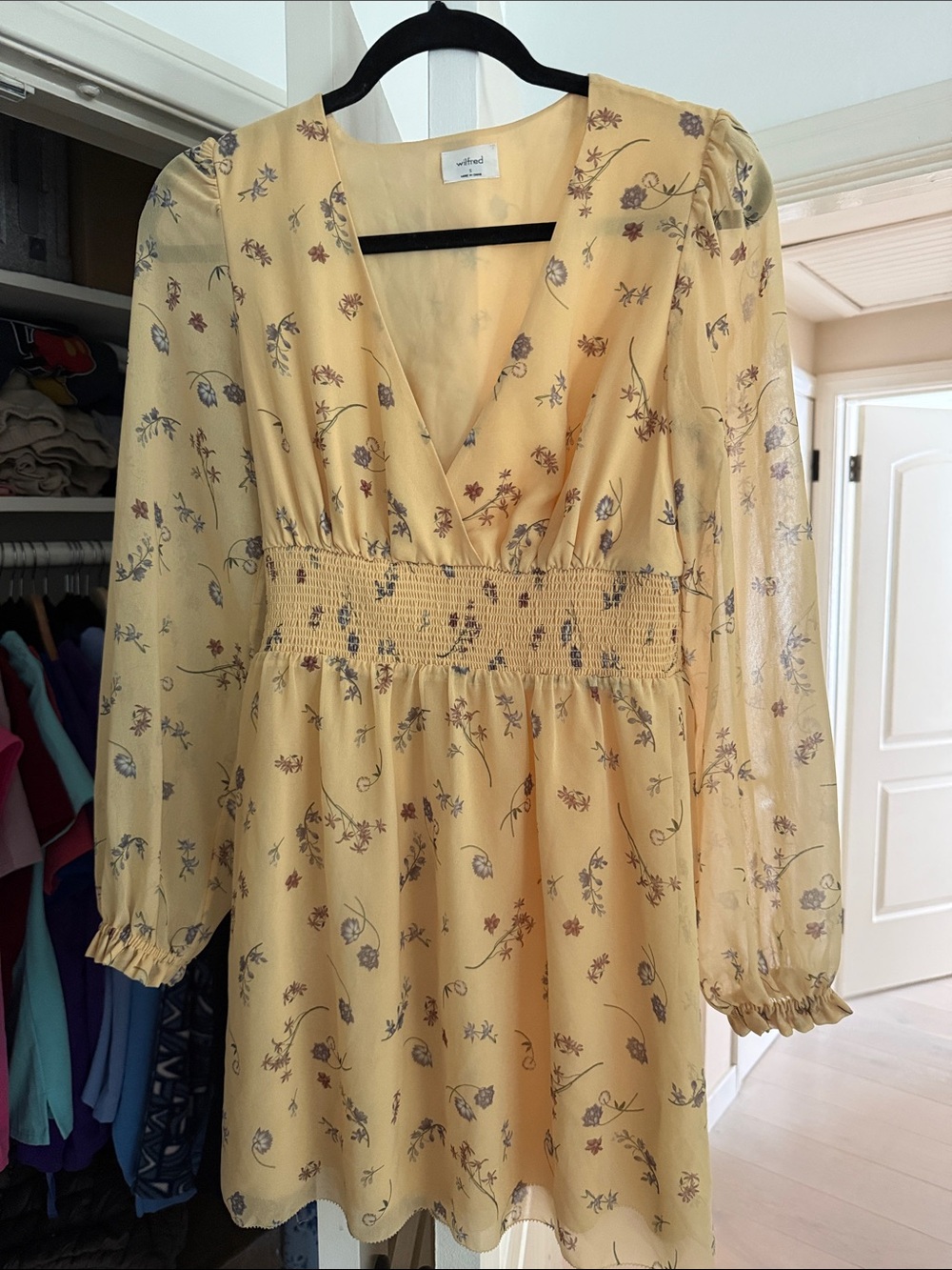 Wilfred Yellow Floral V-Neck Smocked Waist Long Sleeve Dress
